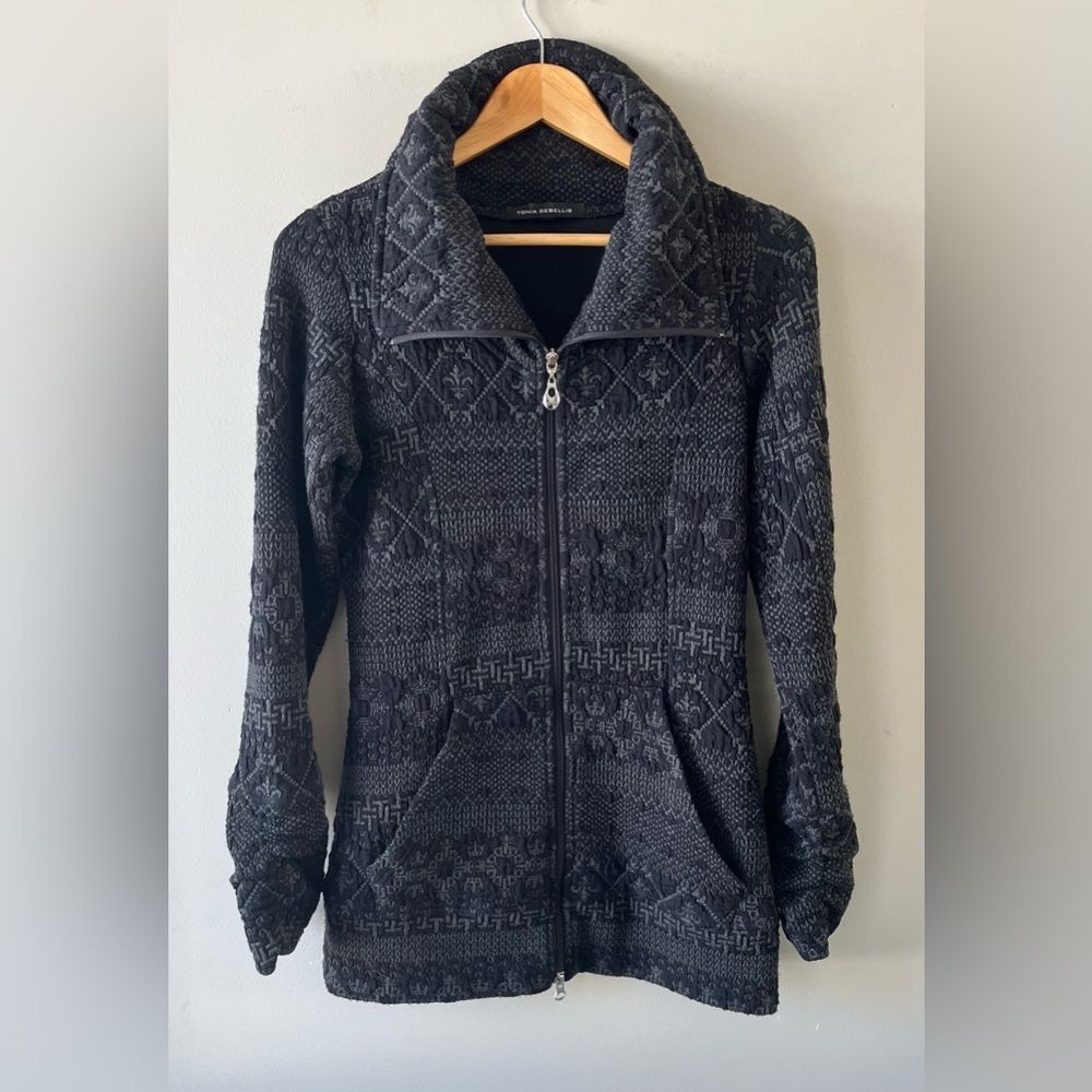 TONIA DEBELLIS Molly Jacket Zip Up Black Charcoal Patterned Size Small Stretch